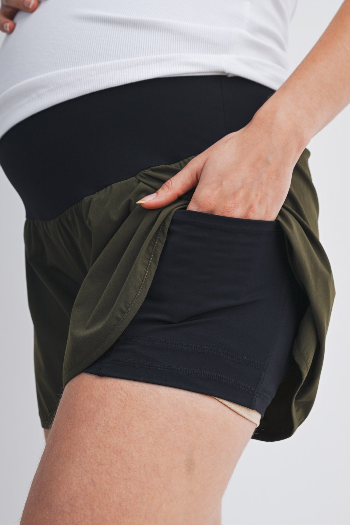 Olive Active High Waisted Maternity Shorts with Built-In Pocket Liner Close Up