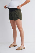Olive Active High Waisted Maternity Shorts with Built-In Pocket Liner Side View