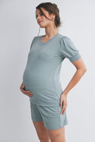 Sage French Terry Maternity Loungewear Set - Short Sleeve Top & Shorts Side View