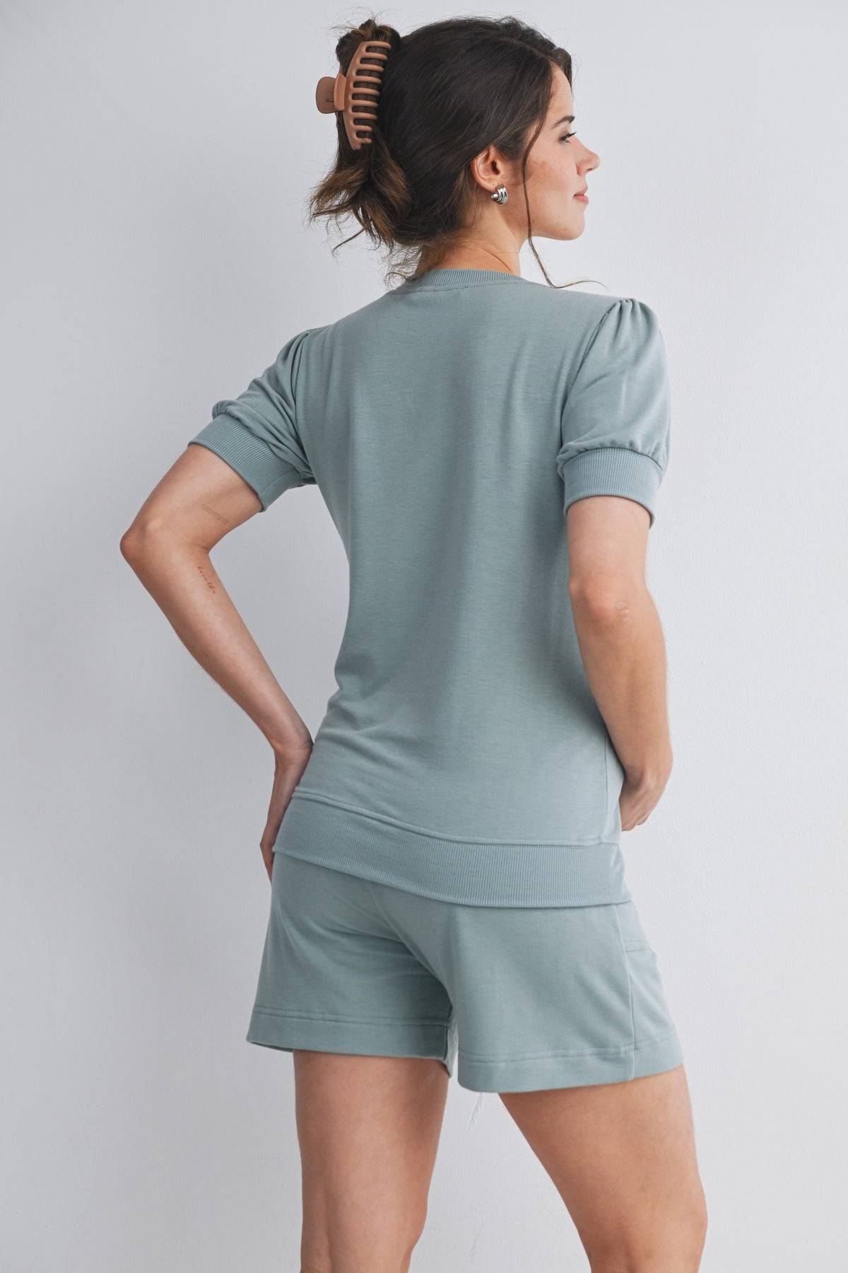 Sage French Terry Maternity Loungewear Set - Short Sleeve Top & Shorts Back View