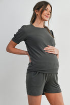 Dark Grey French Terry Maternity Loungewear Set - Short Sleeve Top & Shorts Side View