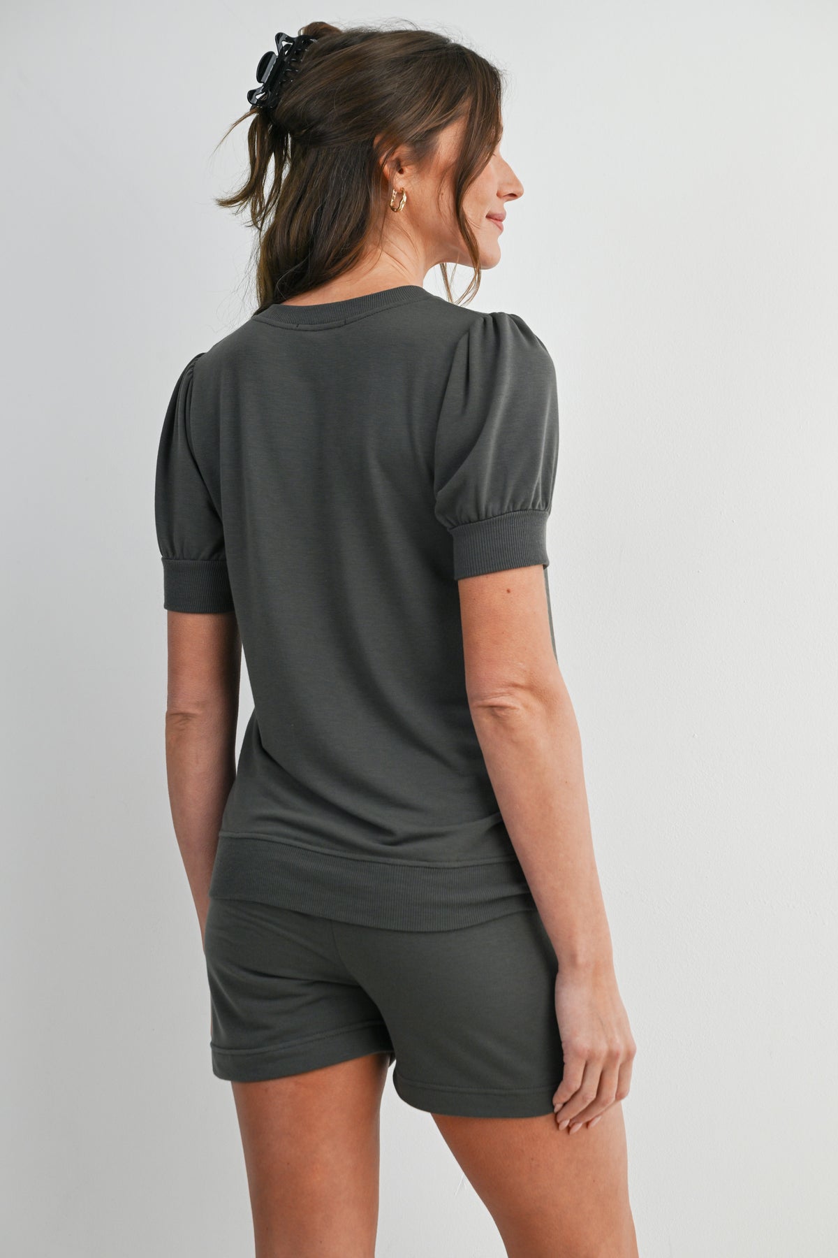Dark Grey French Terry Maternity Loungewear Set - Short Sleeve Top & Shorts Back View