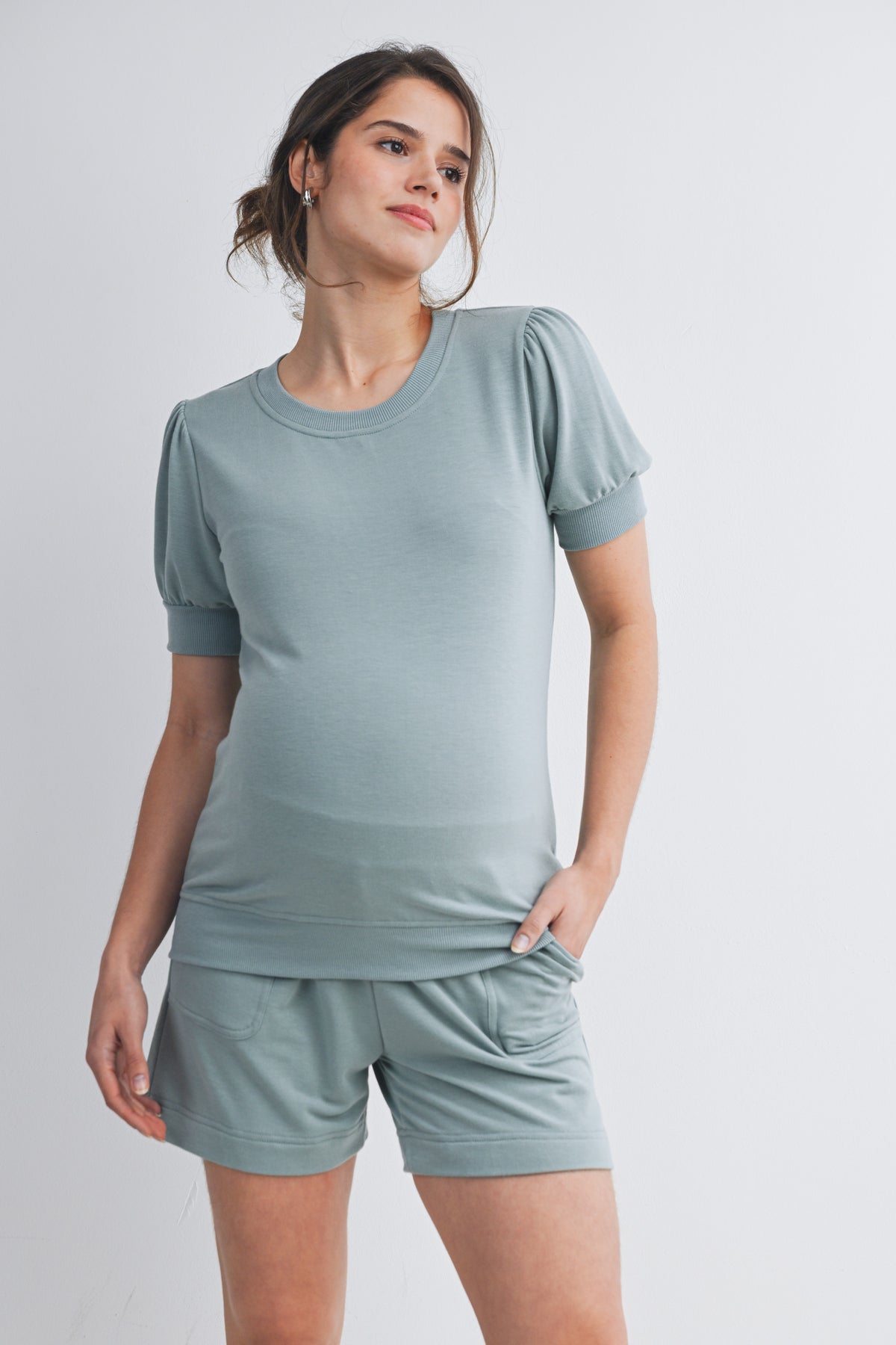Sage French Terry Maternity Loungewear Set - Short Sleeve Top & Shorts Front View