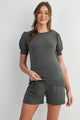 Dark Grey French Terry Maternity Loungewear Set - Short Sleeve Top & Shorts Front View