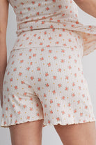 Peach Floral Ribbed Maternity Lounge Set – Top and Shorts Close Up