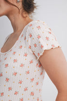 Peach Floral Ribbed Maternity Lounge Set – Top and Shorts Close Up