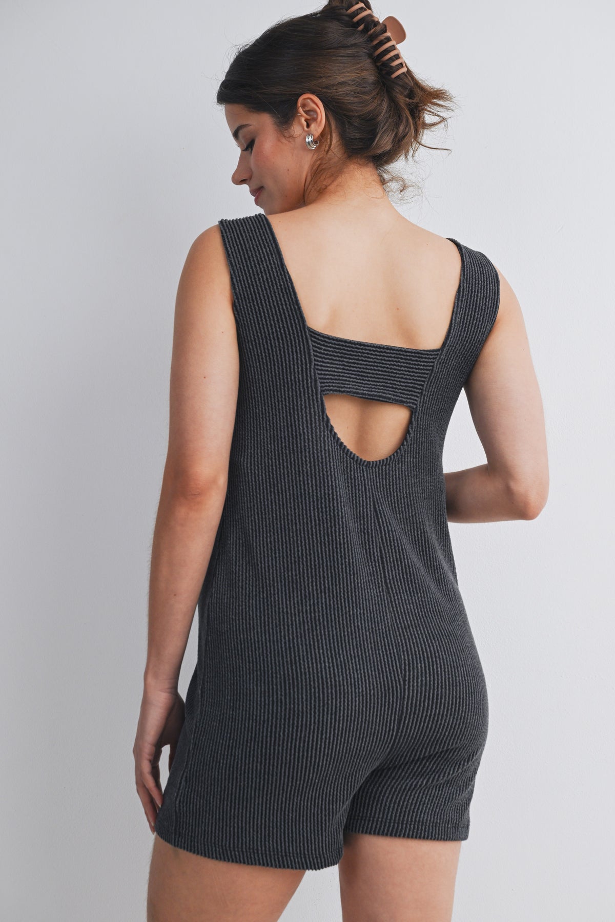 Charcoal Ribbed Sleeveless Scoop Neck Maternity Romper Back View