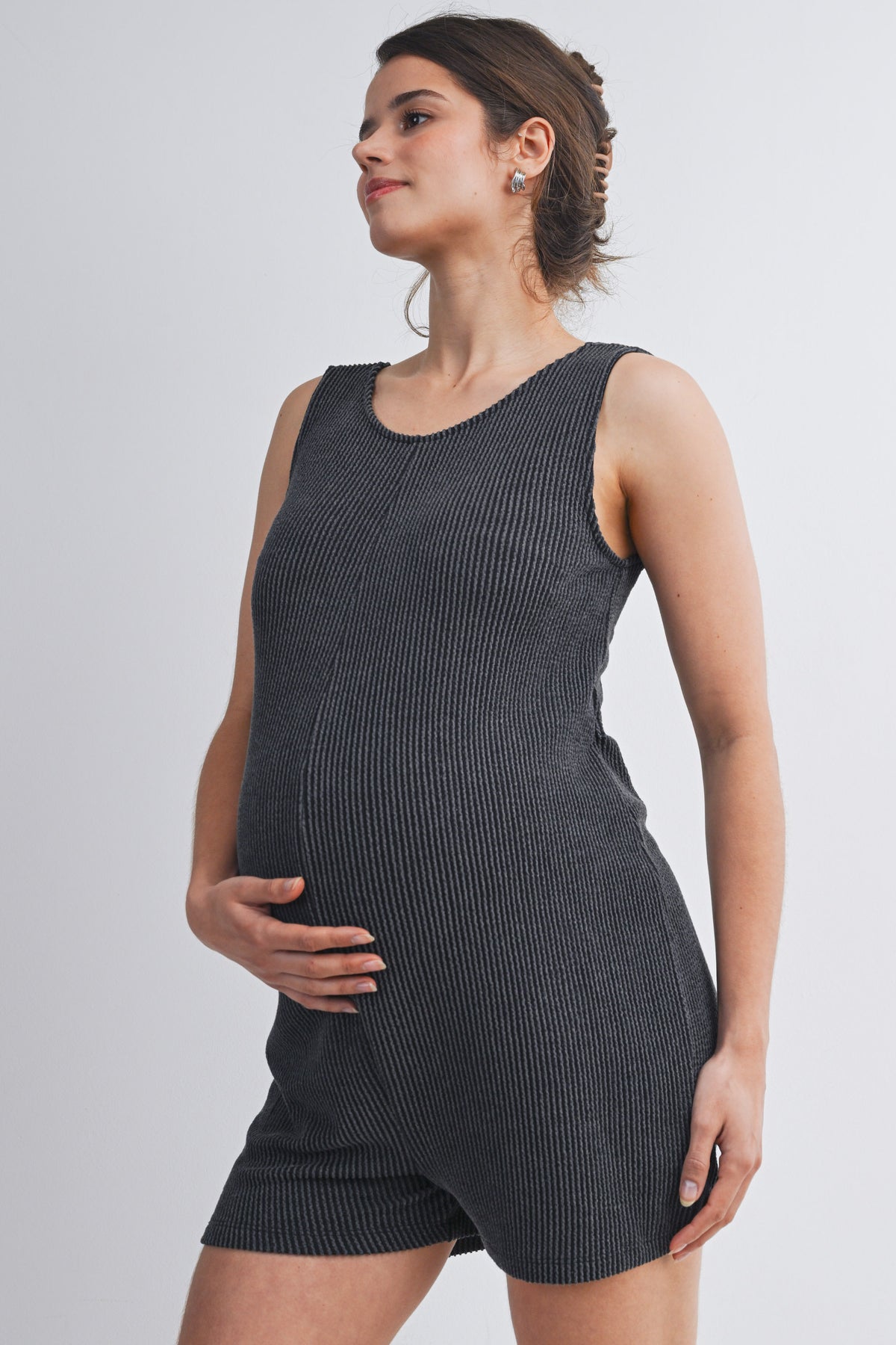 Charcoal Ribbed Sleeveless Scoop Neck Maternity Romper Side View