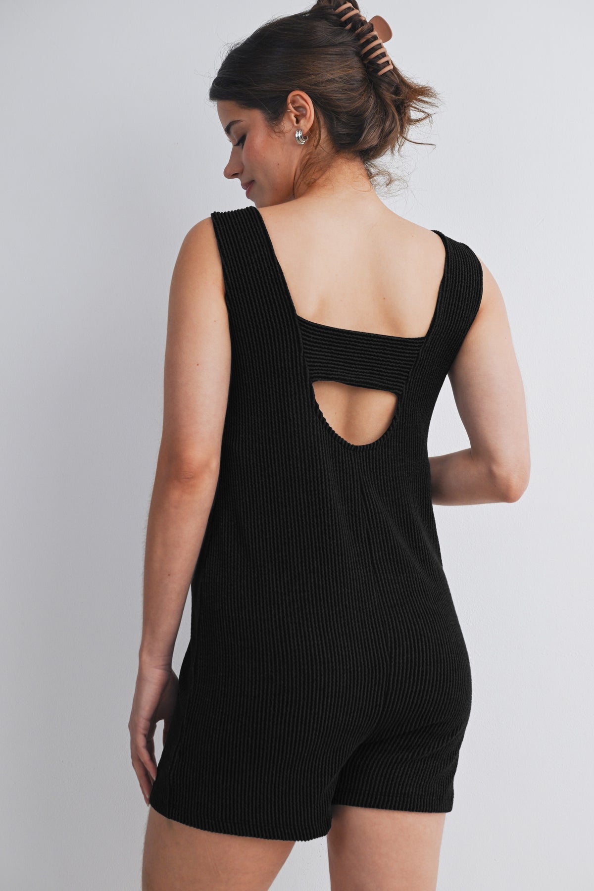 Black Ribbed Sleeveless Scoop Neck Maternity Romper Back View