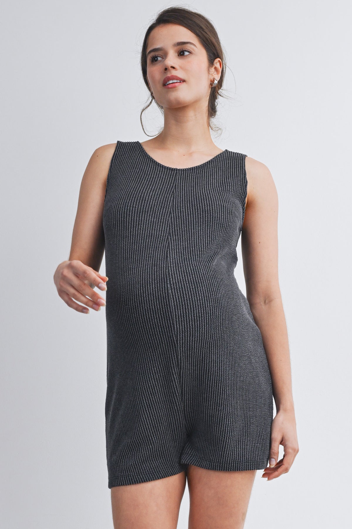 Charcoal Ribbed Sleeveless Scoop Neck Maternity Romper Front View