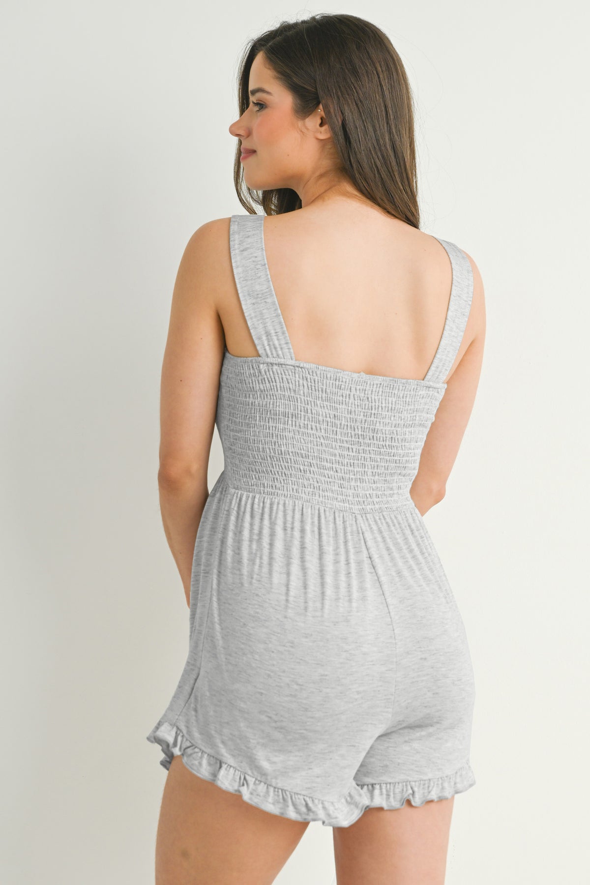 Heather Grey Sleeveless Smocked Neck Maternity Romper Back View