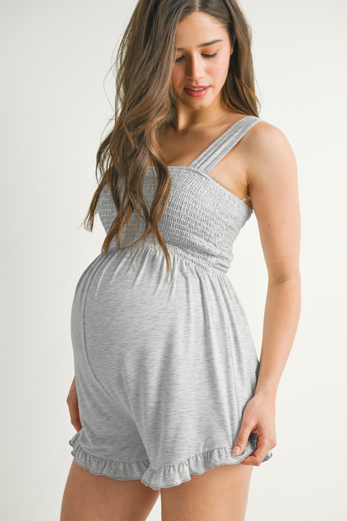 Heather Grey Sleeveless Smocked Neck Maternity Romper Side View