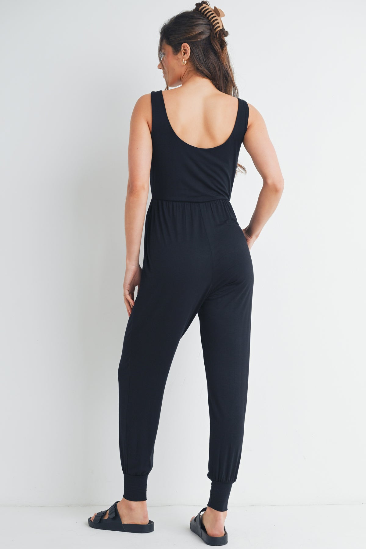 Black Sleeveless Scoop Neck Maternity Jumpsuit Jogger with Pockets Back View