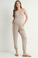 Mocha Sleeveless Scoop Neck Maternity Jumpsuit Jogger with Pockets Front View