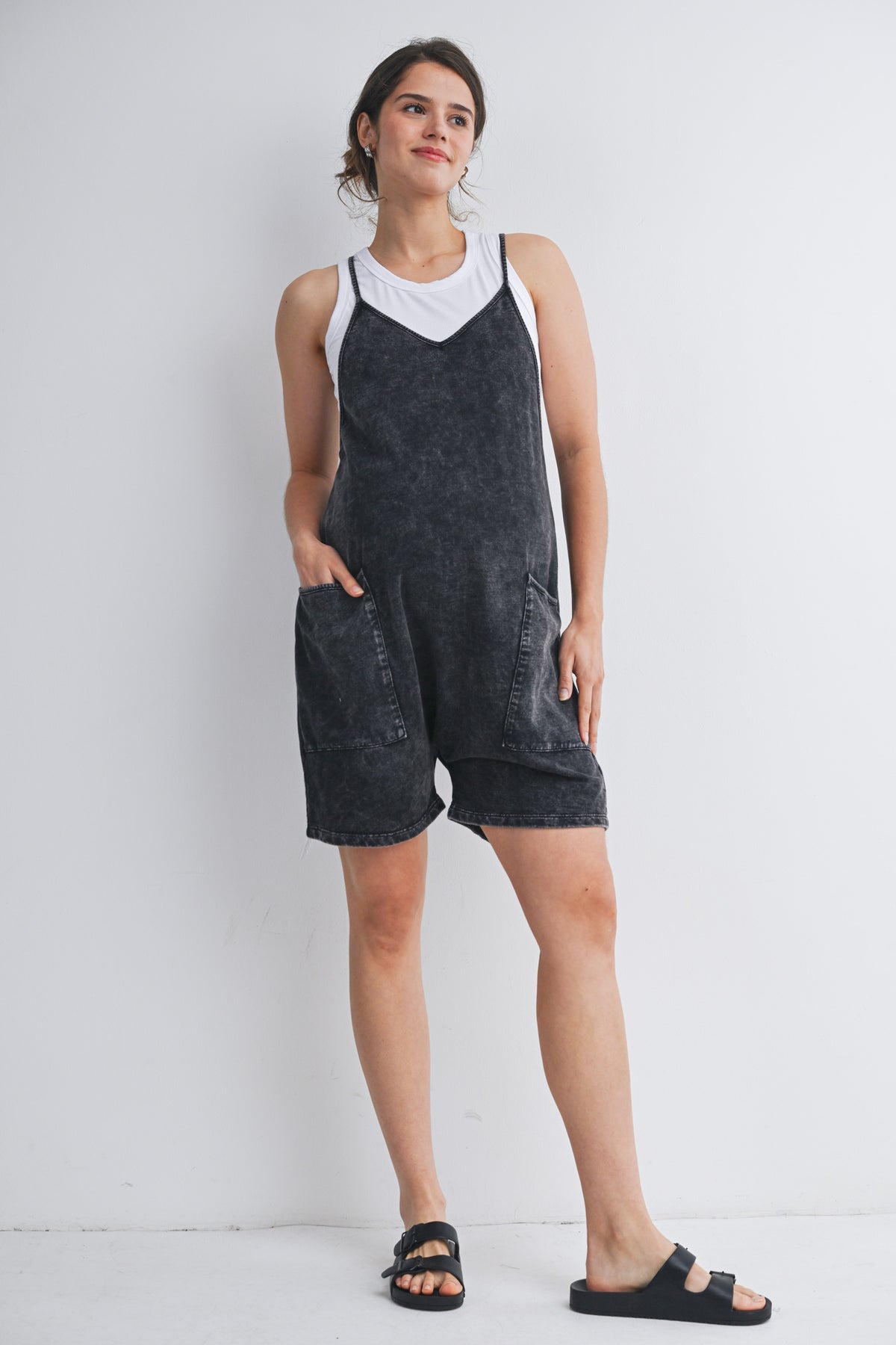 Washed Black Washed Black Loose Fit Casual Maternity Romper with Pockets Full Body View