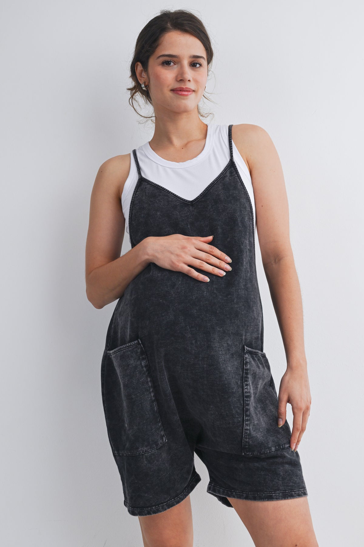 Washed Black Washed Black Loose Fit Casual Maternity Romper with Pockets Front View