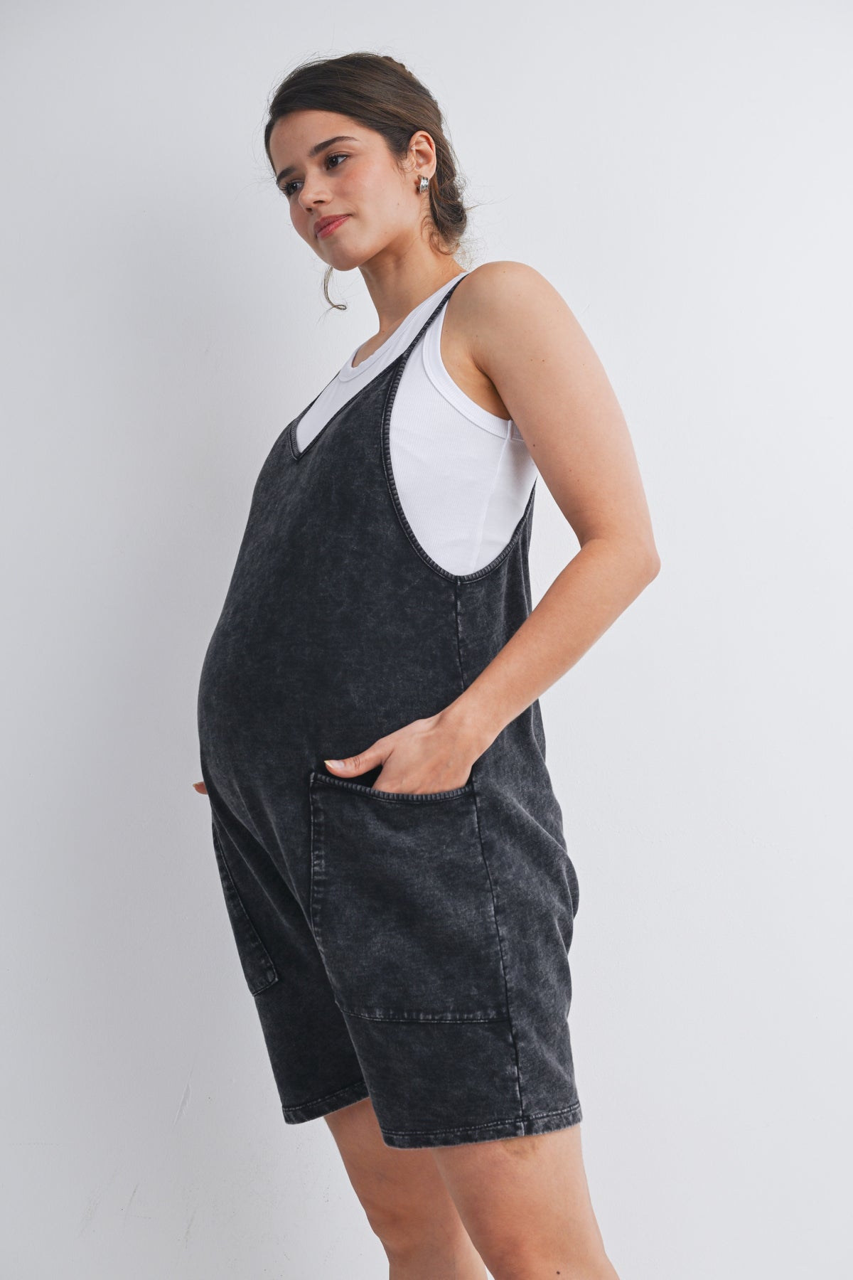 Washed Black Washed Black Loose Fit Casual Maternity Romper with Pockets Side View