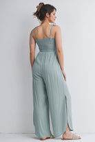 Sage Smocked Tie Strap Wide Leg Maternity Jumpsuit Back View