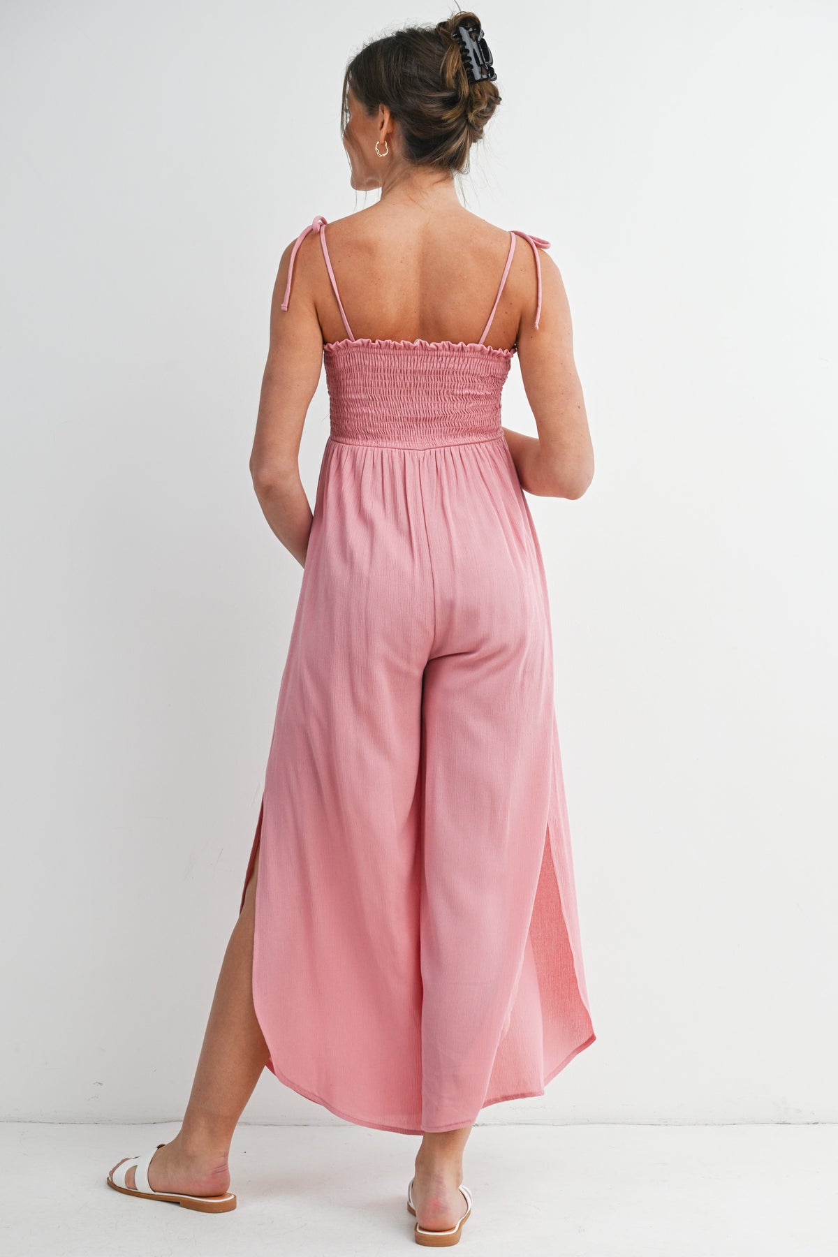Mauve Smocked Tie Strap Wide Leg Maternity Jumpsuit Back View