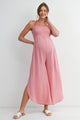 Mauve Smocked Tie Strap Wide Leg Maternity Jumpsuit Front View