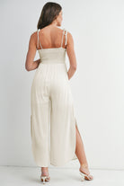 Oatmeal Smocked Tie Strap Wide Leg Maternity Jumpsuit Back View
