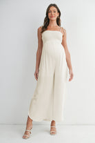 Oatmeal Smocked Tie Strap Wide Leg Maternity Jumpsuit Front View