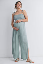 Sage Smocked Tie Strap Wide Leg Maternity Jumpsuit Sage Front View