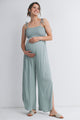 Sage Smocked Tie Strap Wide Leg Maternity Jumpsuit Sage Front View