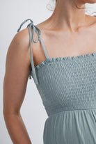 Sage Smocked Tie Strap Wide Leg Maternity Jumpsuit Close Up