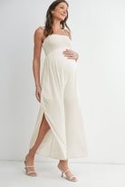 Oatmeal Smocked Tie Strap Wide Leg Maternity Jumpsuit Side View