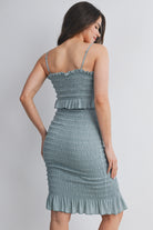 Sage Smocked Spaghetti Strap Maternity Dress with Ruffle Hem Back View