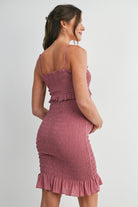Mauve Smocked Spaghetti Strap Maternity Dress with Ruffle Hem Back View