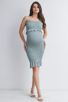 Sage Smocked Spaghetti Strap Maternity Dress with Ruffle Hem Full Body