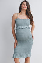 Sage Smocked Spaghetti Strap Maternity Dress with Ruffle Hem Front  View