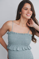 Sage Smocked Spaghetti Strap Maternity Dress with Ruffle Hem Close Up