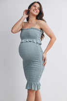Sage Smocked Spaghetti Strap Maternity Dress with Ruffle Hem Side View