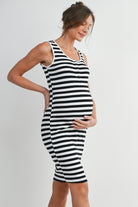 Black/White Maternity Striped Bodycon Sleeveless Tank Dress Nursing Friendly - Side View