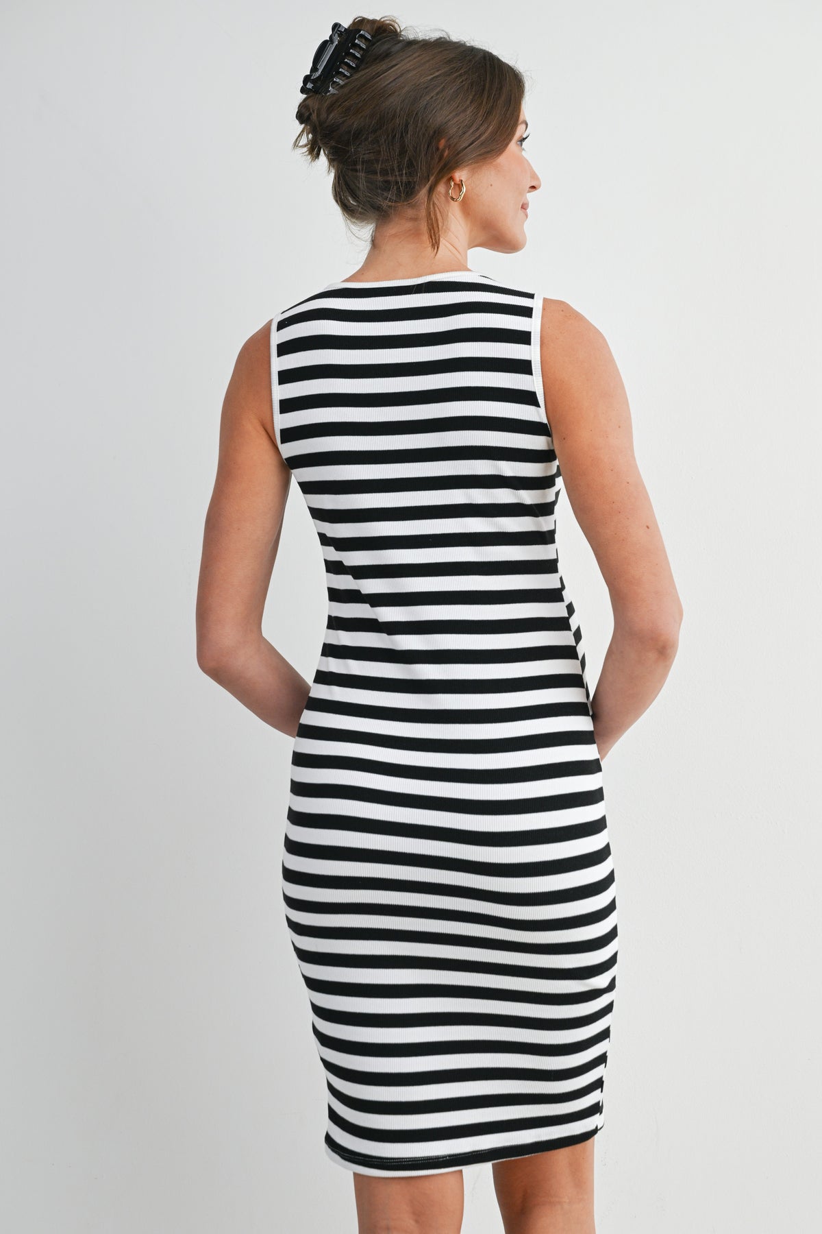 Black/White Maternity Striped Bodycon Sleeveless Tank Dress Nursing Friendly - Back View