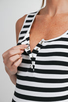 Black/White Maternity Striped Bodycon Sleeveless Tank Dress Nursing Friendly - Close Up