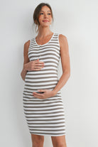 Mocha/White Maternity Striped Bodycon Sleeveless Tank Dress Nursing Friendly - Front View