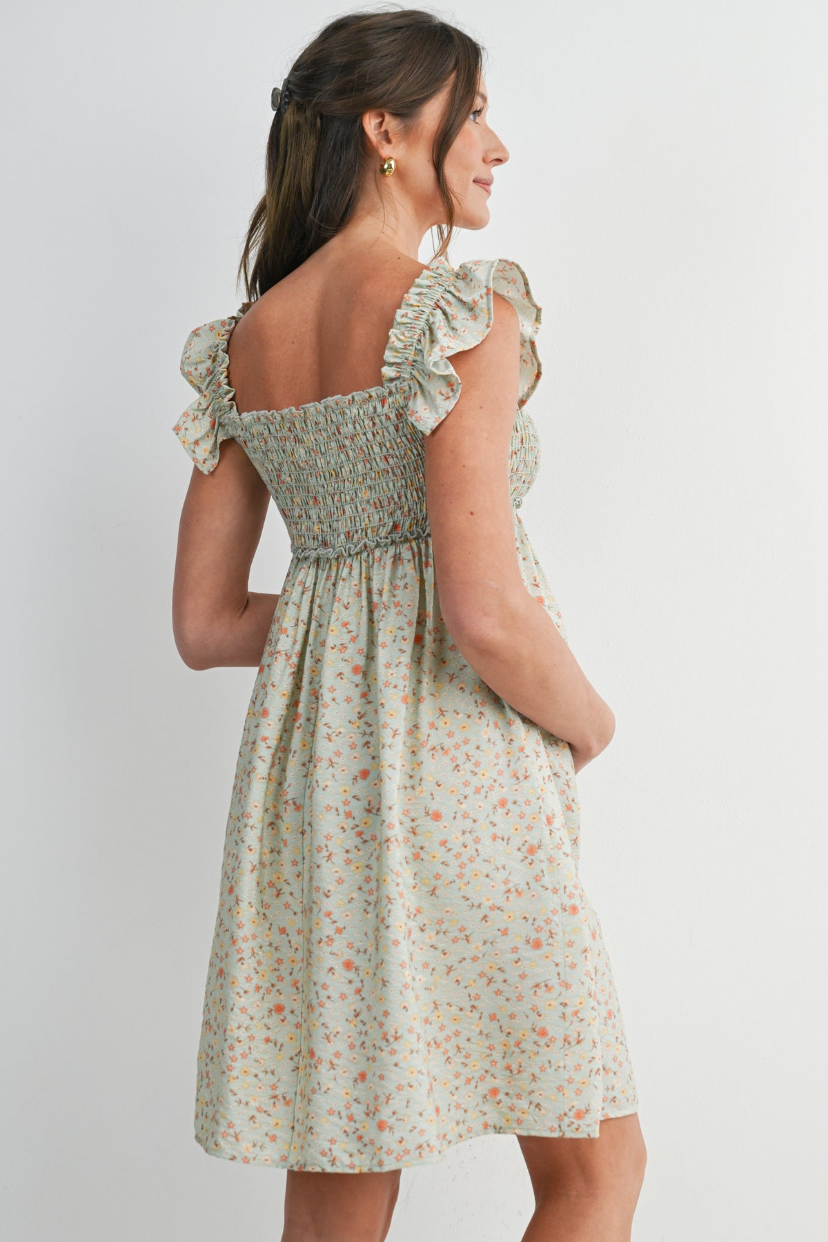 Green Floral Smocked Empire Waist Ruffle Cap Sleeves Maternity Dress Back View