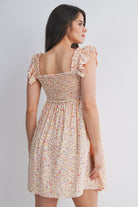 Cream Floral Smocked Empire Waist Ruffle Cap Sleeves Maternity Dress Back View
