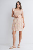 Cream Floral Smocked Empire Waist Ruffle Cap Sleeves Maternity Dress Full Body