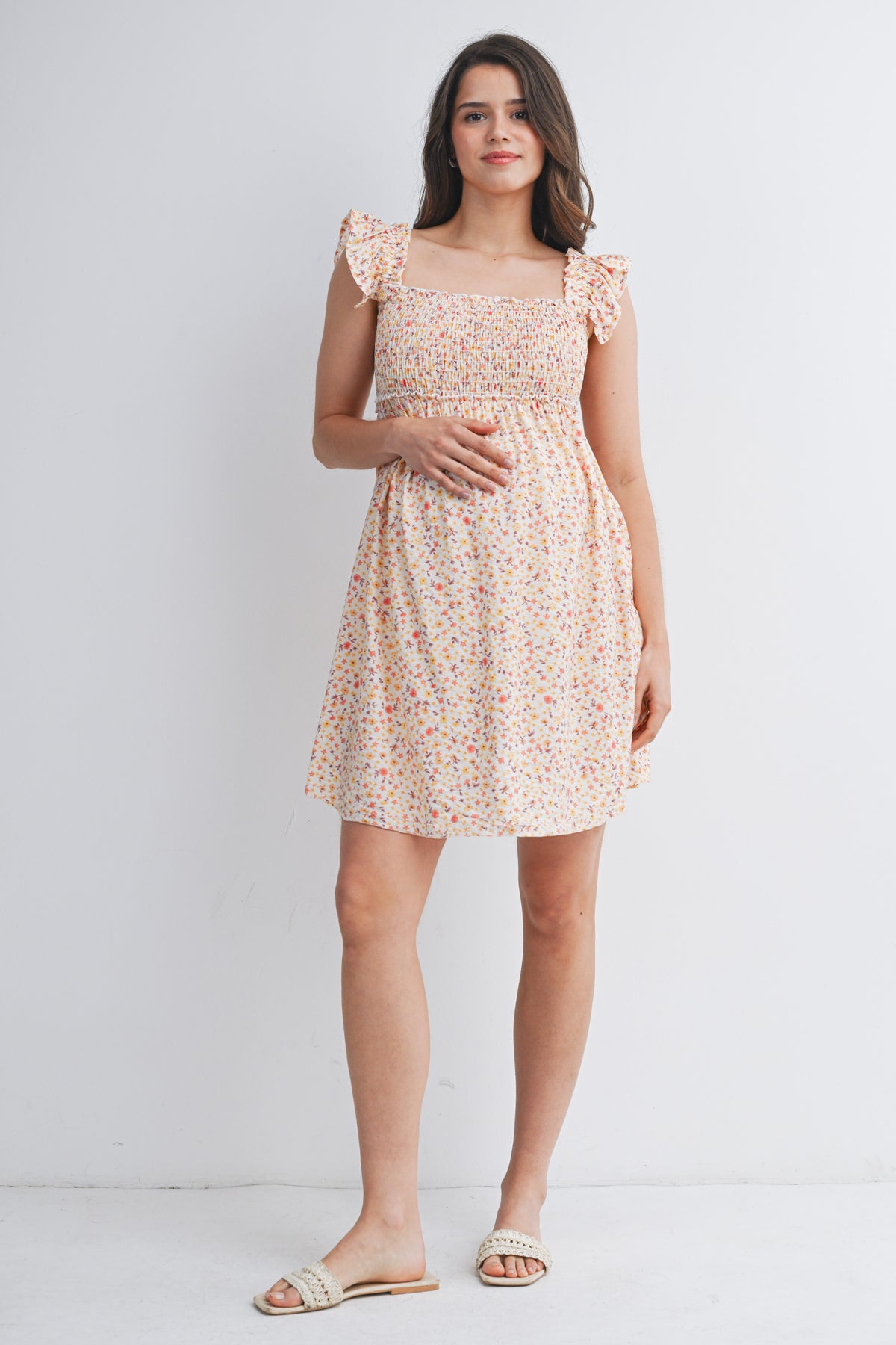 Cream Floral Smocked Empire Waist Ruffle Cap Sleeves Maternity Dress Full Body