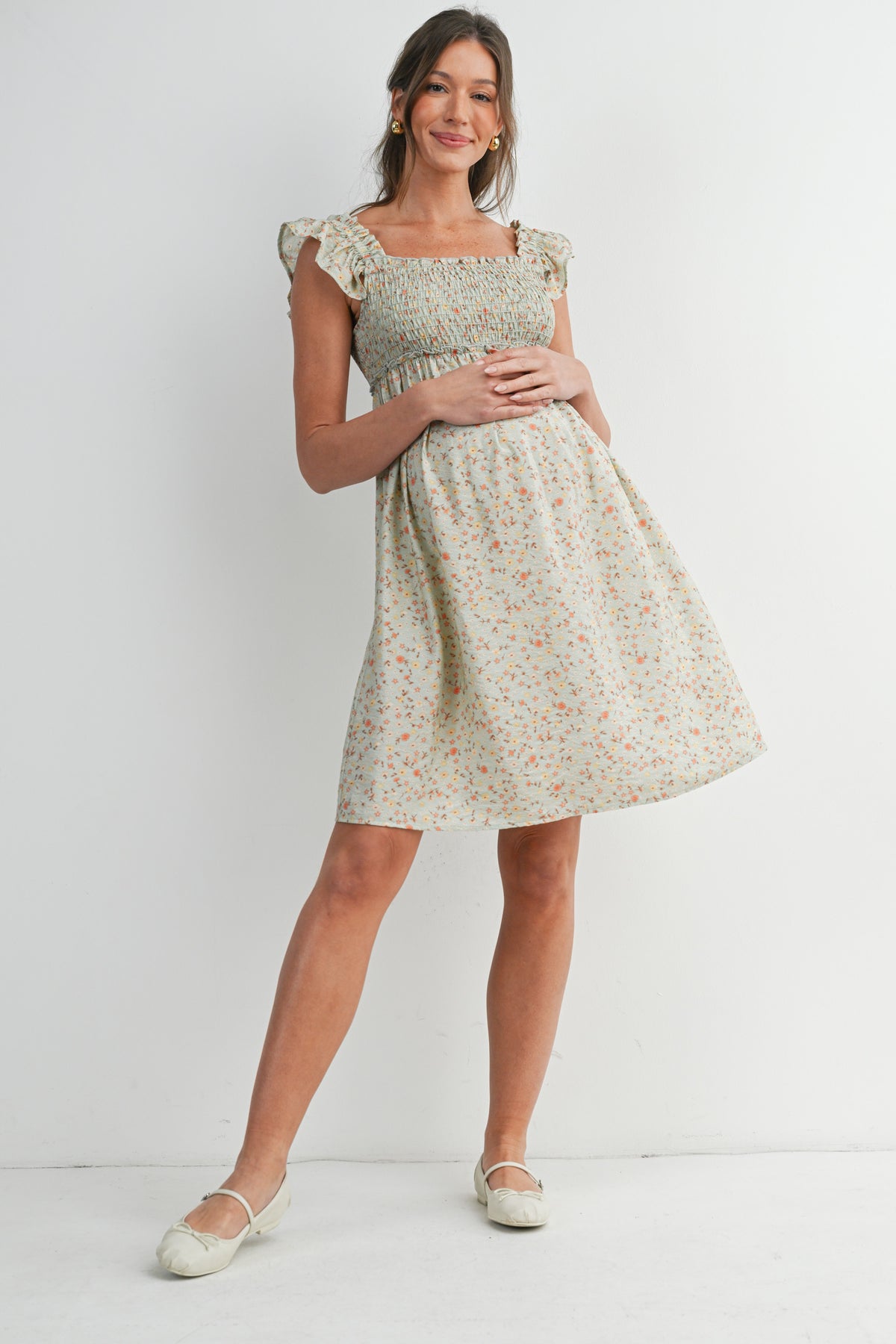 Green Floral Smocked Empire Waist Ruffle Cap Sleeves Maternity Dress Full Body View