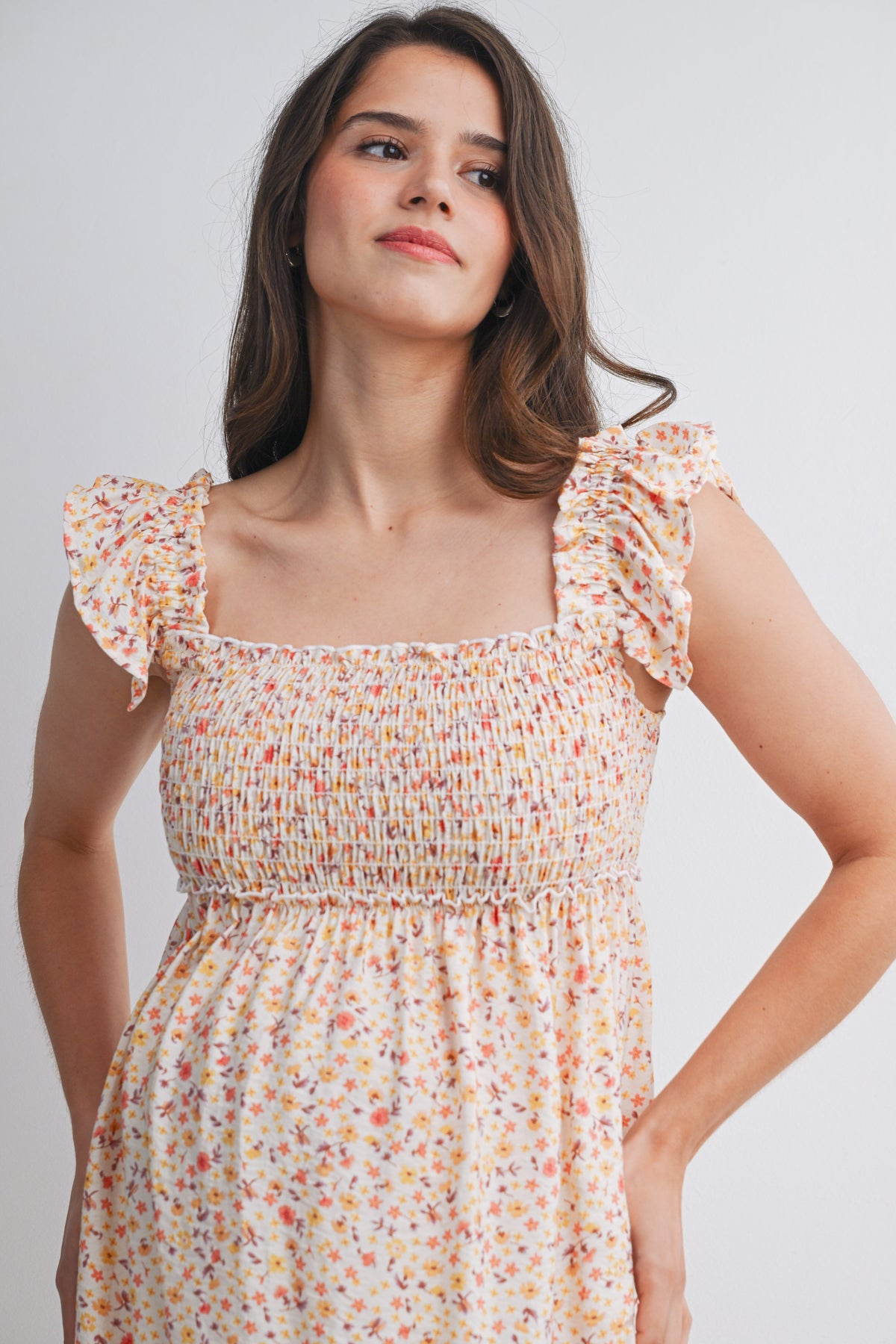 Cream Floral Smocked Empire Waist Ruffle Cap Sleeves Maternity Dress Close Up