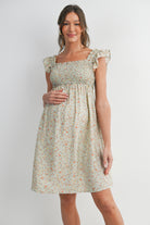 Green Floral Smocked Empire Waist Ruffle Cap Sleeves Maternity Dress Front View