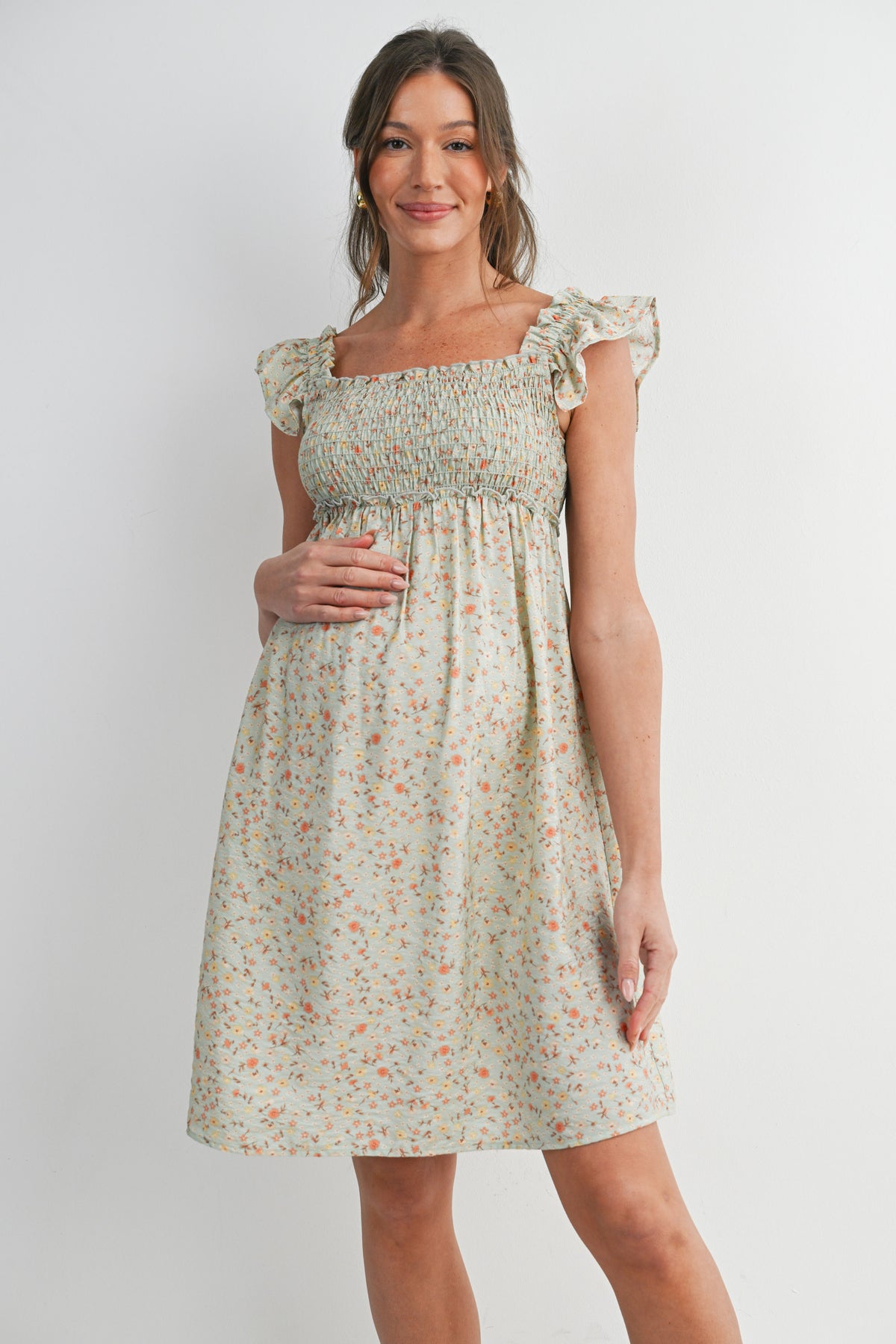 Green Floral Smocked Empire Waist Ruffle Cap Sleeves Maternity Dress Front View