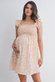 Cream Floral Smocked Empire Waist Ruffle Cap Sleeves Maternity Dress Front View