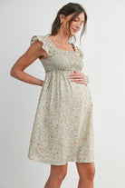 Green Floral Smocked Empire Waist Ruffle Cap Sleeves Maternity Dress Side View